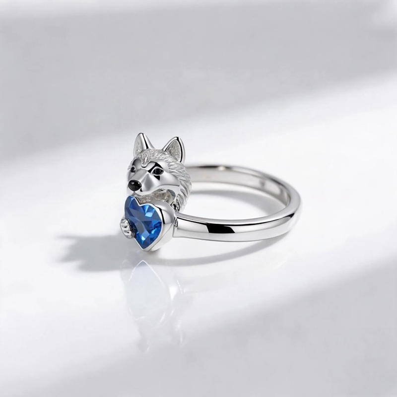 Anyes Husky Dog Embraces Love Heart Cocktail Ring