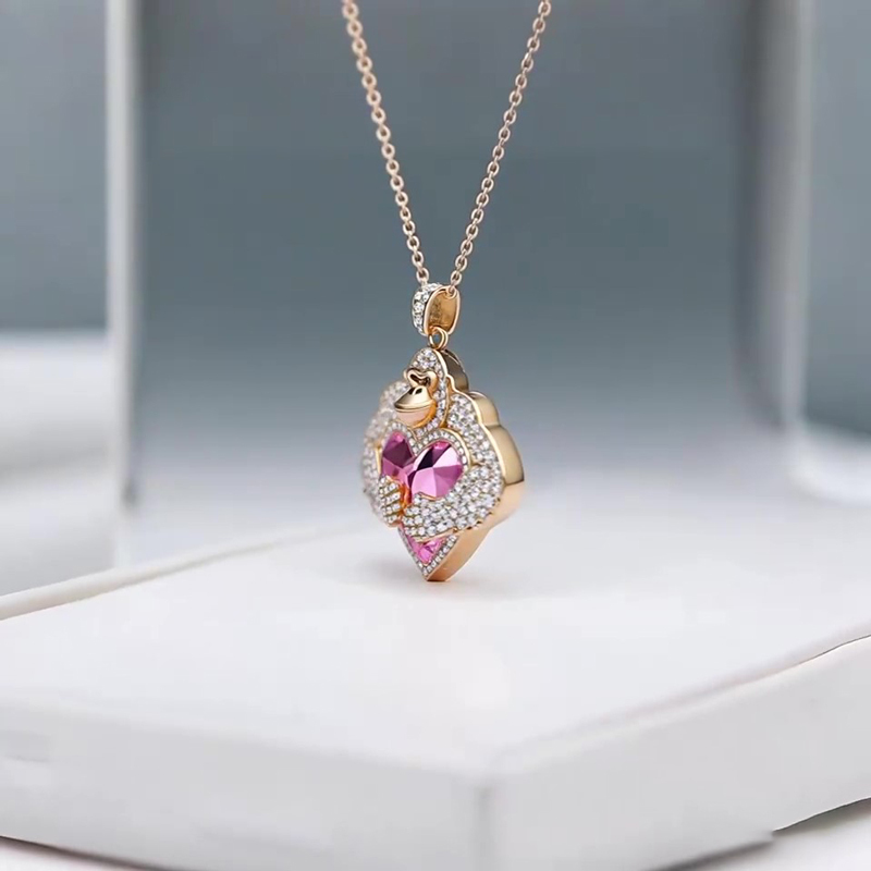Anyes Gemstone Monkey Embraces Pink Heart Necklace