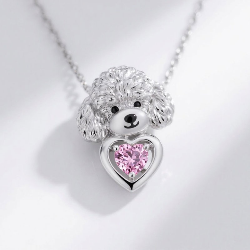 Anyes Poodle Embraces Love Pink Heart Necklace