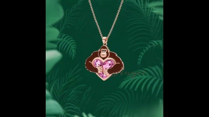 Anyes Enamel Monkey Embraces Pink Heart Necklace