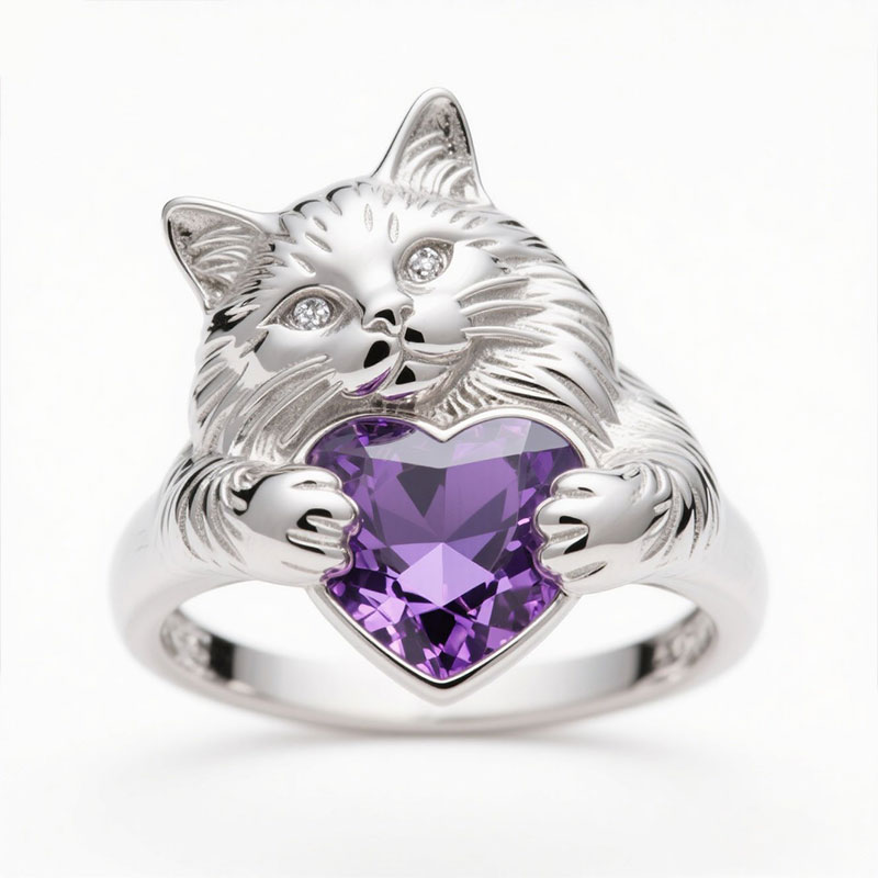 Anyes Heart-cut Amethyst Persian Cat Cocktail Ring
