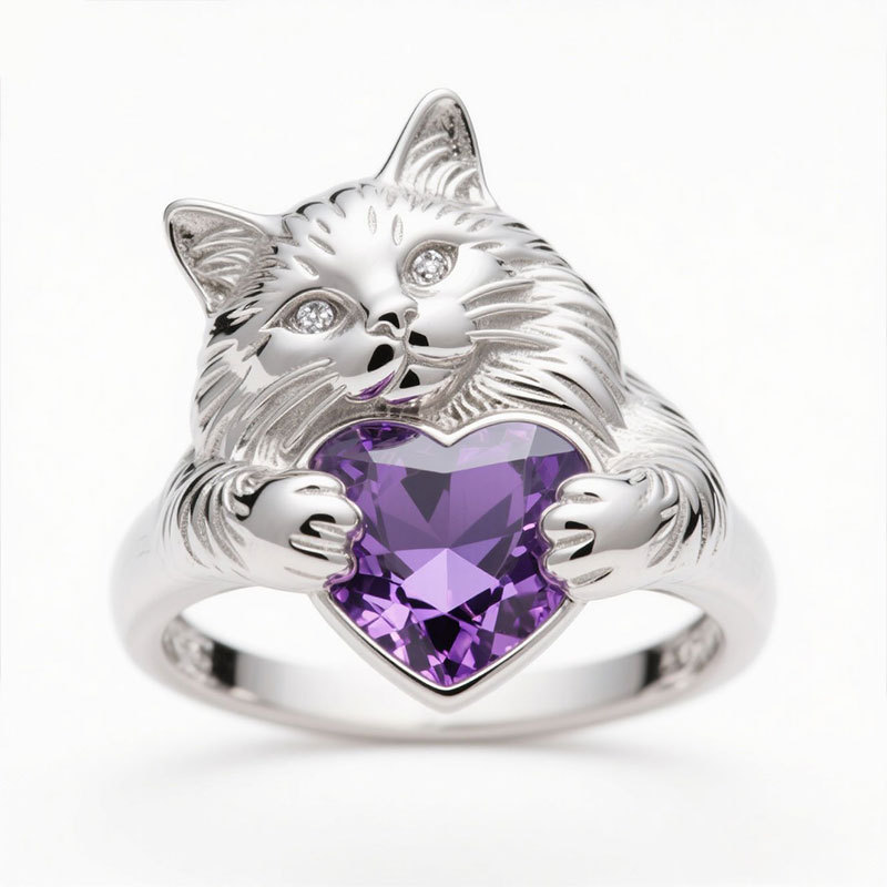 Anyes Heart-cut Amethyst Persian Cat Cocktail Ring