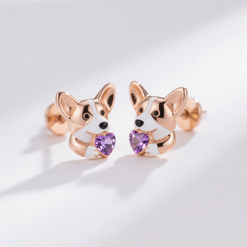 Anyes Corgi Embraces Love Heart Stud Earrings