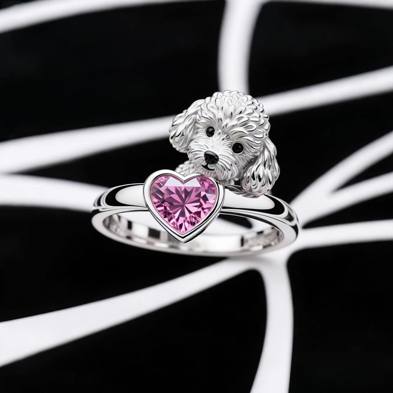 Anyes Poodle Embraces Love Pink Heart Cocktail Ring