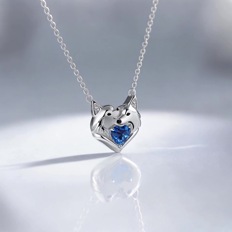 Anyes Cuddling Husky Dogs Embrace Love Heart Birthstone Necklace