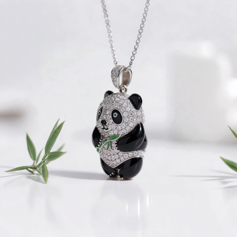 Anyes Panda Holding Bamboo Black Enamel Pendant Necklace