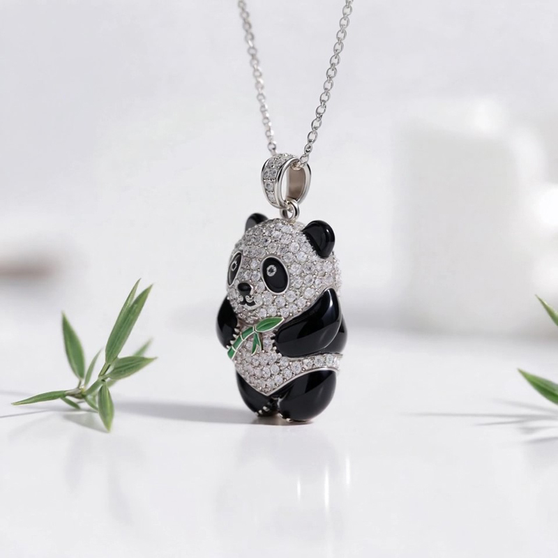 Anyes Panda Holding Bamboo Black Enamel Pendant Necklace