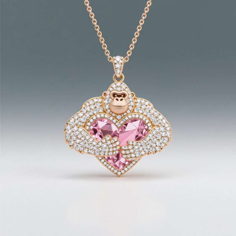 Anyes Gemstone Monkey Embraces Pink Heart Necklace