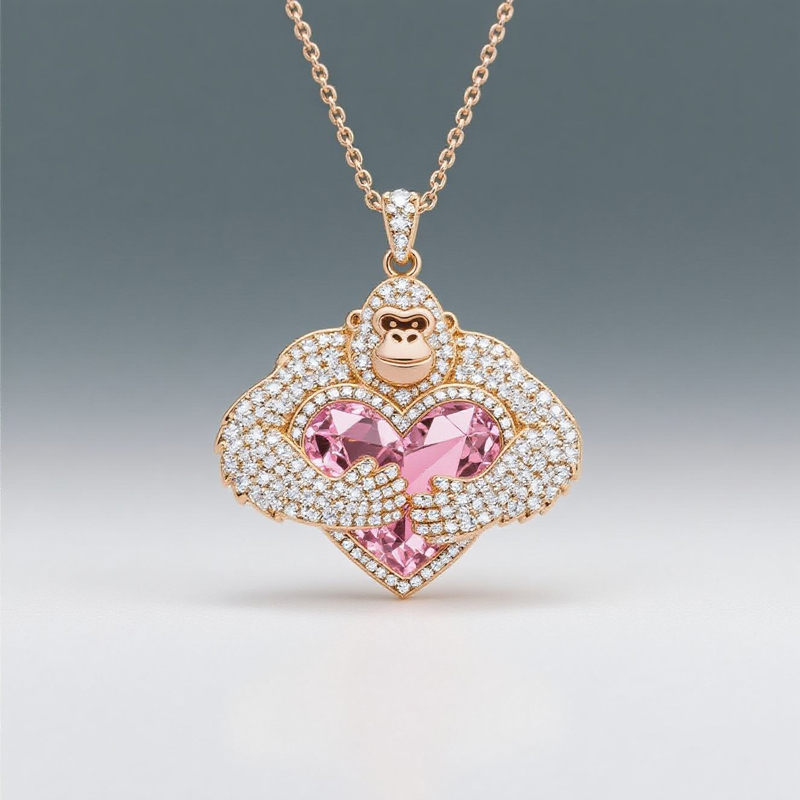 Anyes Gemstone Monkey Embraces Pink Heart Necklace