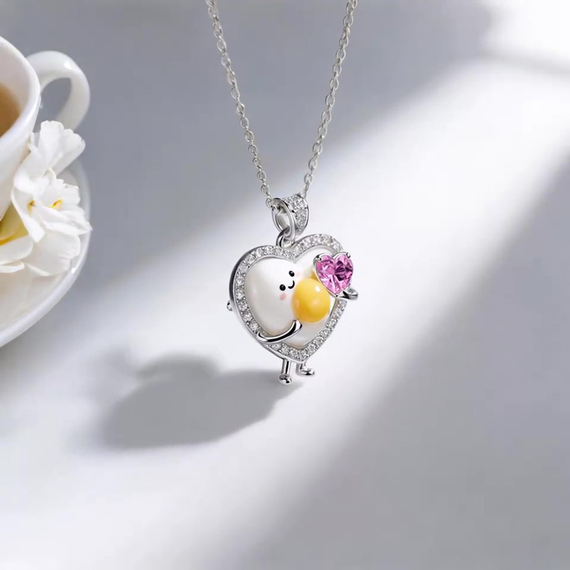 Anyes Happy Boiled Egg Embraces Pink Heart Enamel Necklace