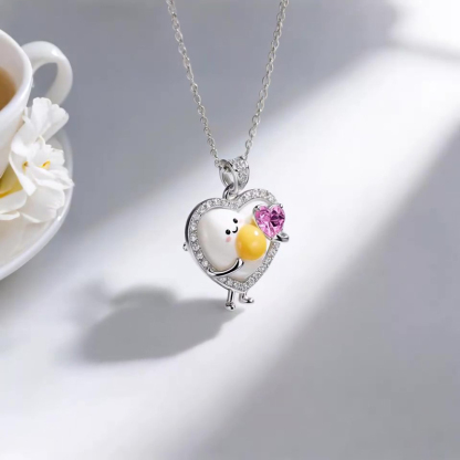 Anyes Happy Boiled Egg Embraces Pink Heart Enamel Necklace