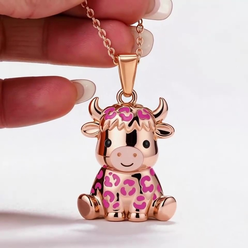 Anyes Pink Enamel Strawberry Highland Cow Necklace