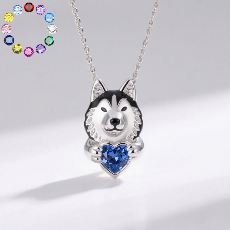 Anyes Husky Dog Embraces Love Heart Birthstone Necklace