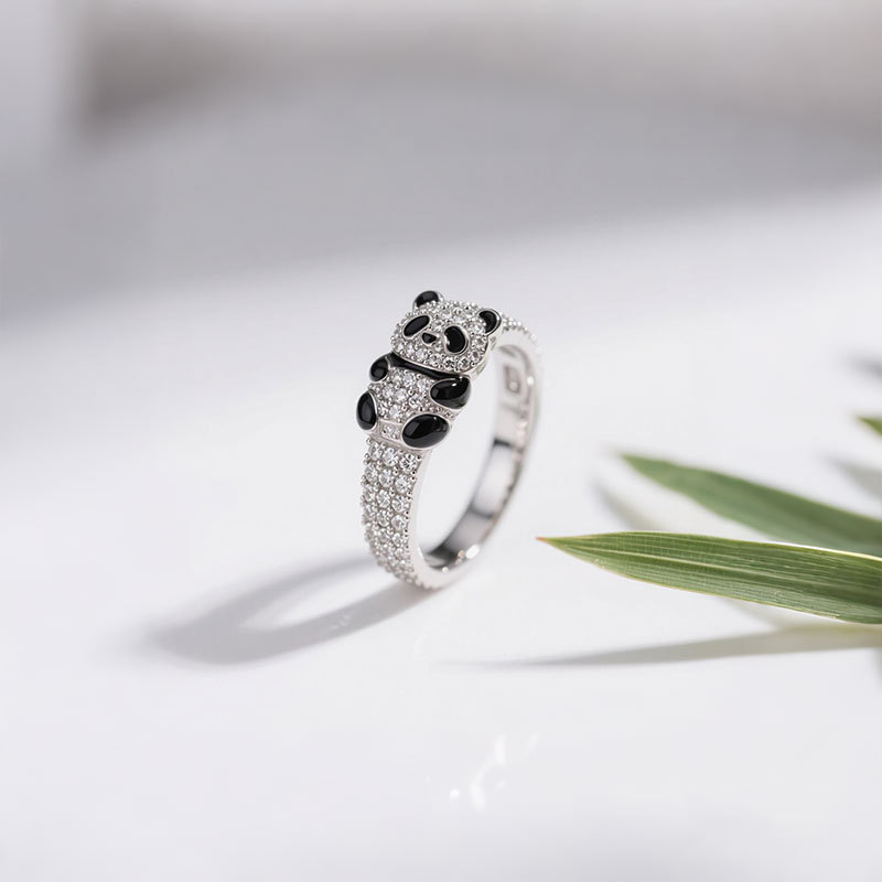 Anyes Panda Black Enamel Cocktail Ring