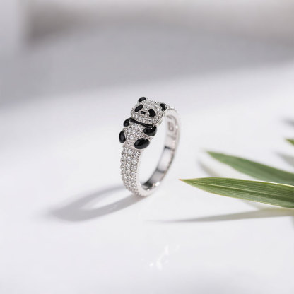 Anyes Panda Black Enamel Cocktail Ring