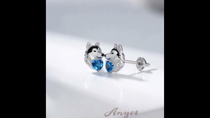 Anyes Husky Dog Embraces Love Heart Stud Earrings