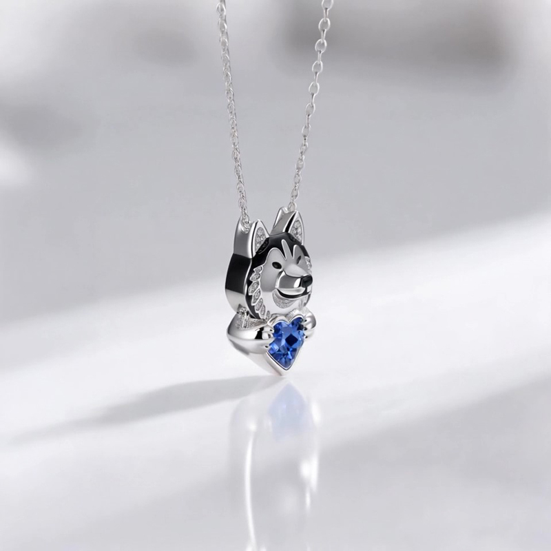 Anyes Husky Dog Embraces Love Heart Birthstone Necklace