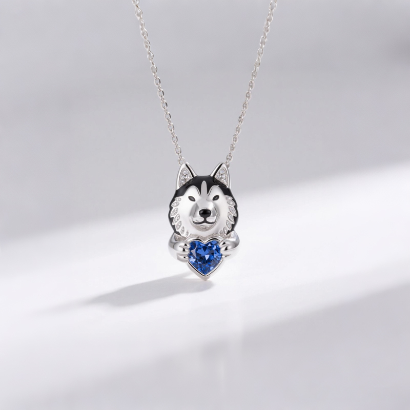 Anyes Husky Dog Embraces Love Heart Birthstone Necklace