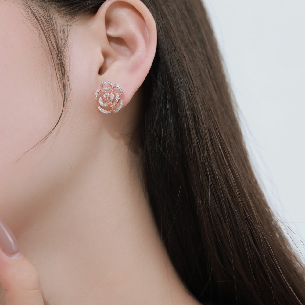 Anyes Camellia Rose Hollow Design Stud Earrings Sterling Silver-Anyes