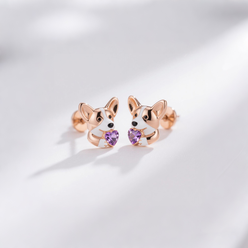 Anyes Corgi Embraces Love Heart Stud Earrings
