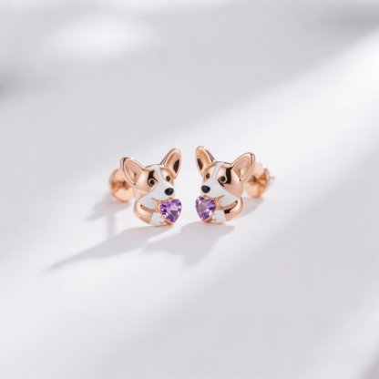Anyes Corgi Embraces Love Heart Stud Earrings