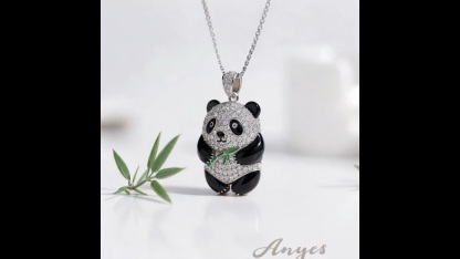Anyes Panda Holding Bamboo Black Enamel Pendant Necklace