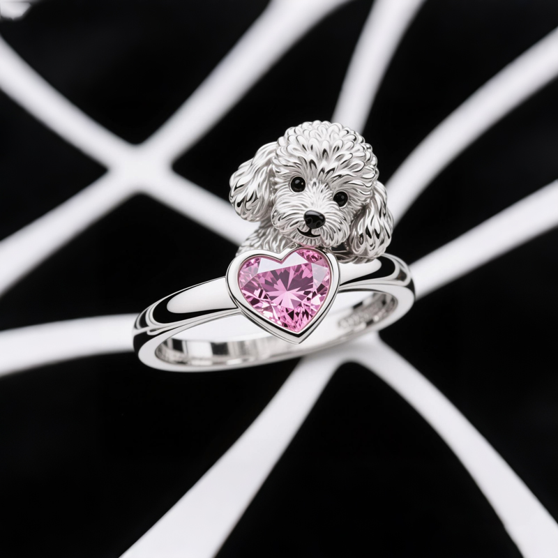 Anyes Poodle Embraces Love Pink Heart Cocktail Ring