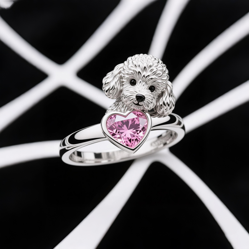 Anyes Poodle Embraces Love Pink Heart Cocktail Ring