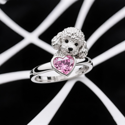 Anyes Poodle Embraces Love Pink Heart Cocktail Ring