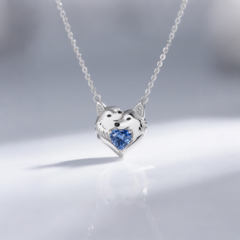 Anyes Cuddling Husky Dogs Embrace Love Heart Birthstone Necklace