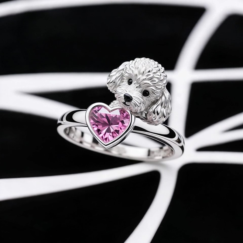 Anyes Poodle Embraces Love Pink Heart Cocktail Ring