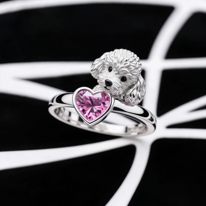 Anyes Poodle Embraces Love Pink Heart Cocktail Ring