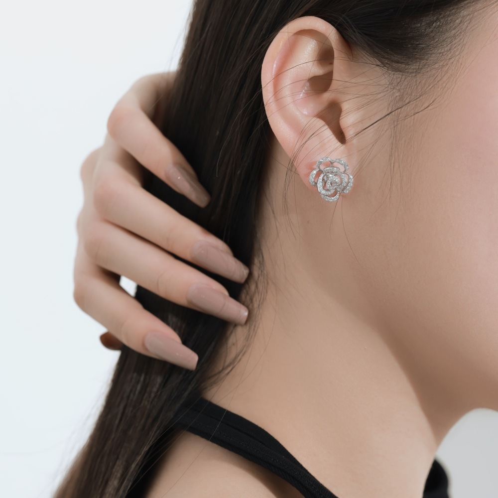 Anyes Camellia Rose Hollow Design Stud Earrings Sterling Silver-Anyes