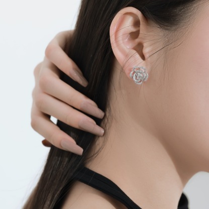 Anyes Camellia Rose Hollow Design Stud Earrings Sterling Silver-Anyes