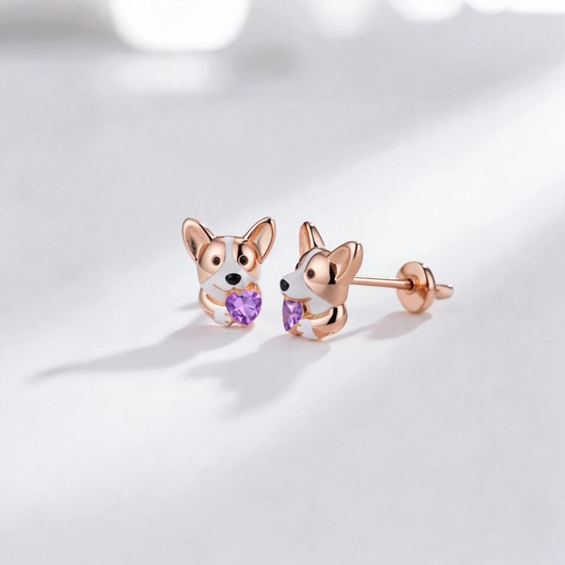Anyes Corgi Embraces Love Heart Stud Earrings