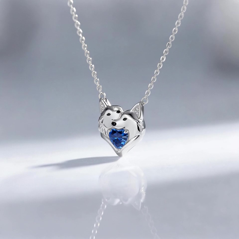 Anyes Cuddling Husky Dogs Embrace Love Heart Birthstone Necklace