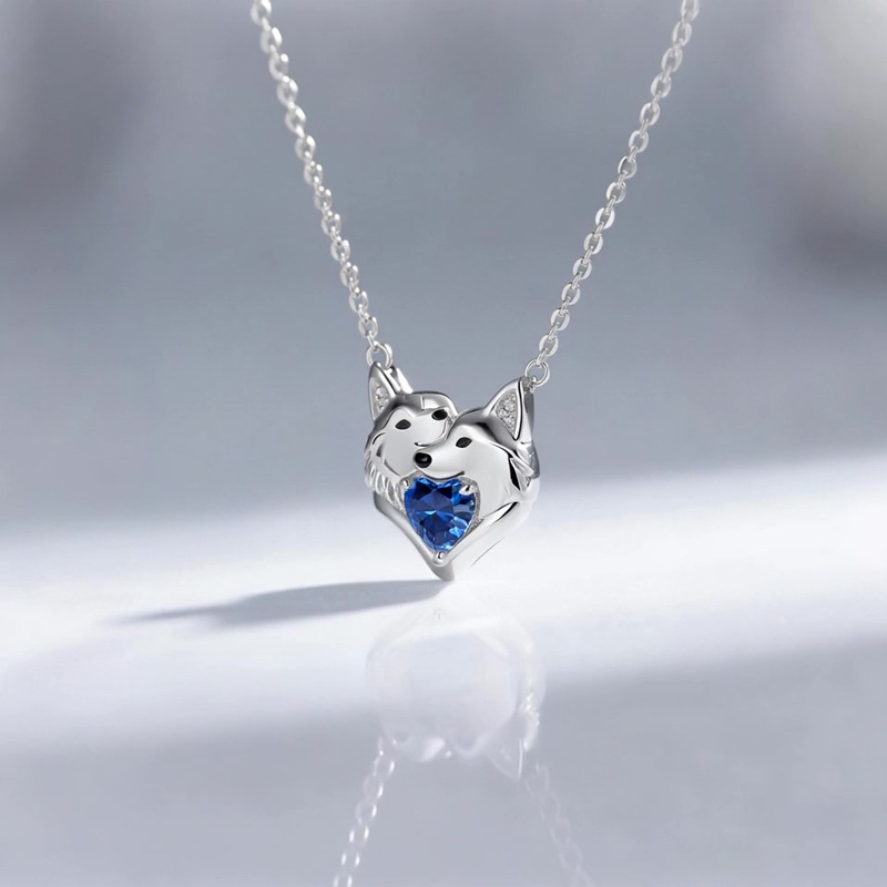 Anyes Cuddling Husky Dogs Embrace Love Heart Birthstone Necklace