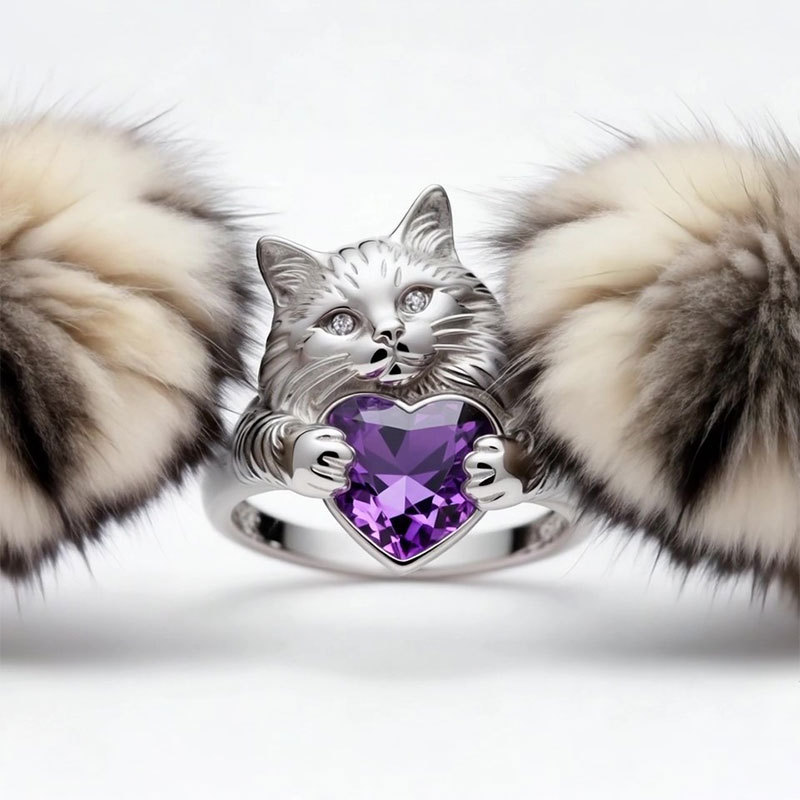 Anyes Heart-cut Amethyst Persian Cat Cocktail Ring