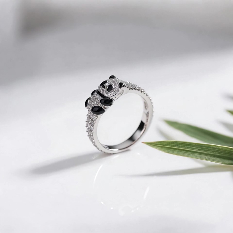 Anyes Panda Black Enamel Cocktail Ring