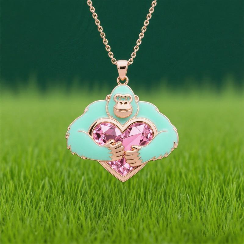 Anyes Enamel Monkey Embraces Pink Heart Necklace