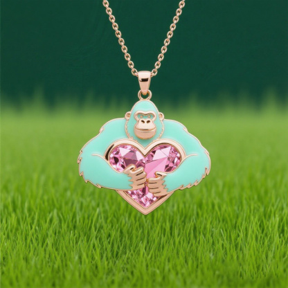 Anyes Enamel Monkey Embraces Pink Heart Necklace