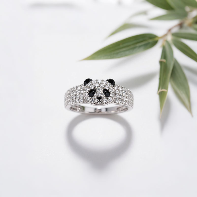 Anyes Panda Black Enamel Cocktail Ring