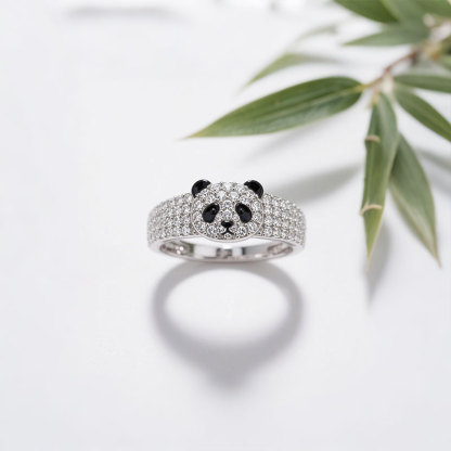 Anyes Panda Black Enamel Cocktail Ring