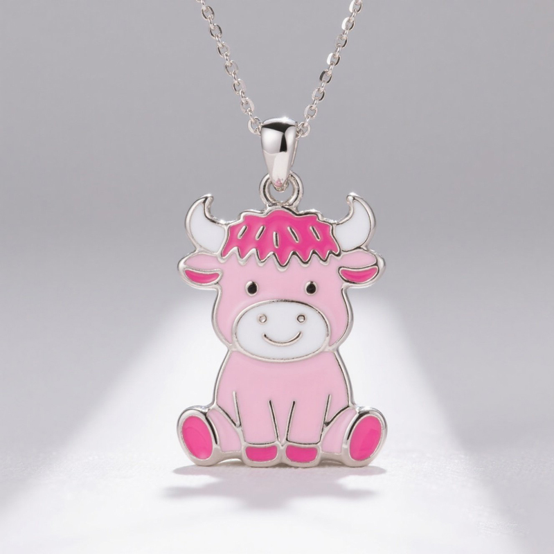 Anyes Pink Enamel Strawberry Highland Cow Necklace