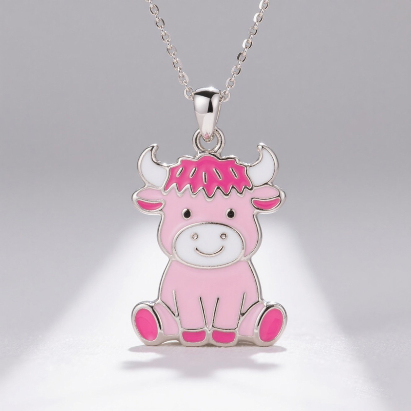 Anyes Pink Enamel Strawberry Highland Cow Necklace