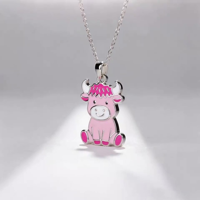 Anyes Pink Enamel Strawberry Highland Cow Necklace