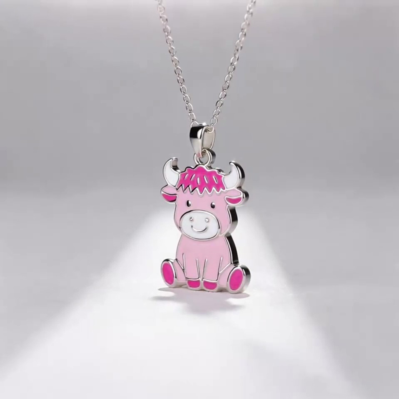 Anyes Pink Enamel Strawberry Highland Cow Necklace