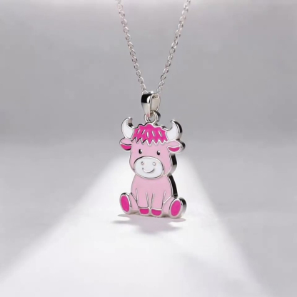 Anyes Pink Enamel Strawberry Highland Cow Necklace
