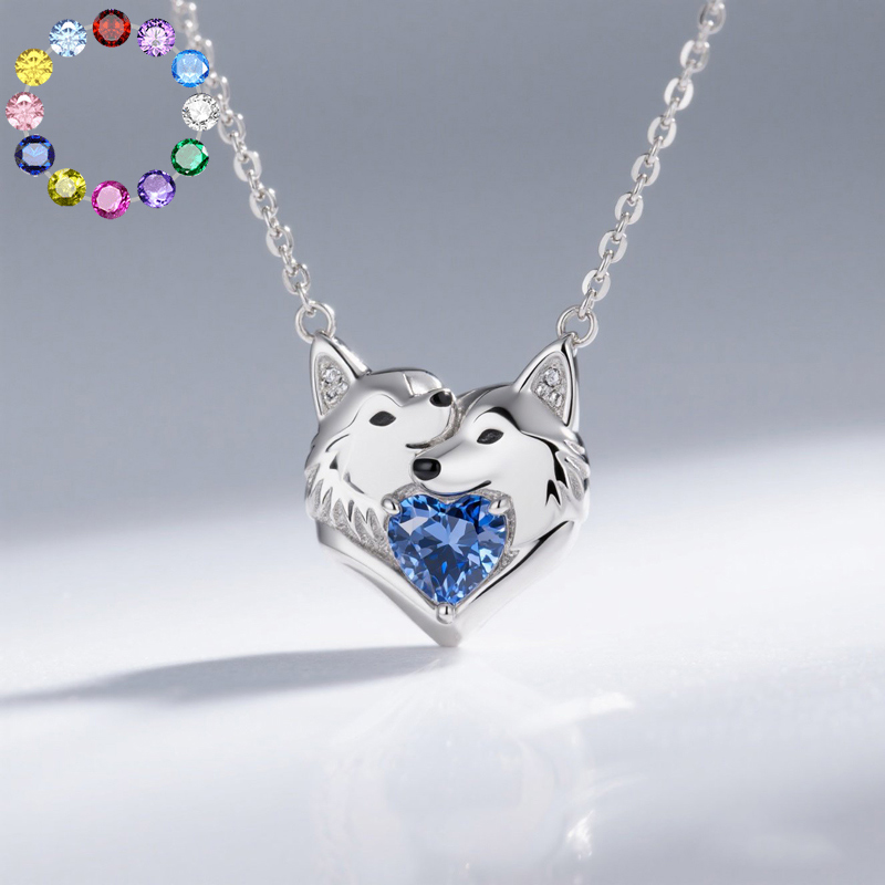Anyes Cuddling Husky Dogs Embrace Love Heart Birthstone Necklace