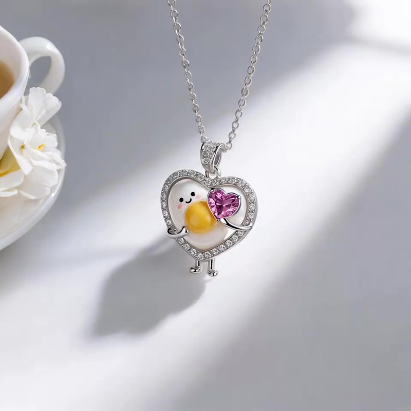 Anyes Happy Boiled Egg Embraces Pink Heart Enamel Necklace